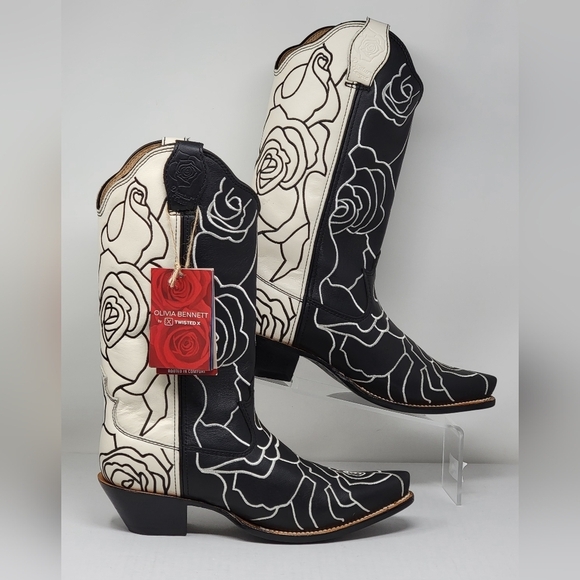 Twisted Shoes - Twisted X Ladies Rose Patterned Black & White Western Boots WSO0026 Size 8 New